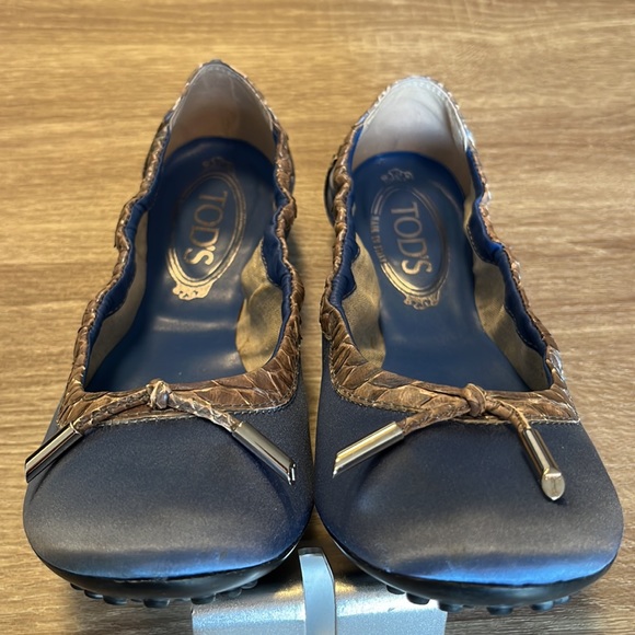 Authentic Tod's Blue Satin With Snakeskin Trim Scrunch Dee Ballet Flats - Picture 7 of 16